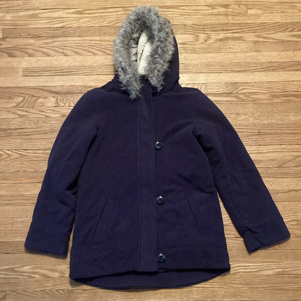Old Navy Fleece Blue and Gray Coat with Faux Fur Hood